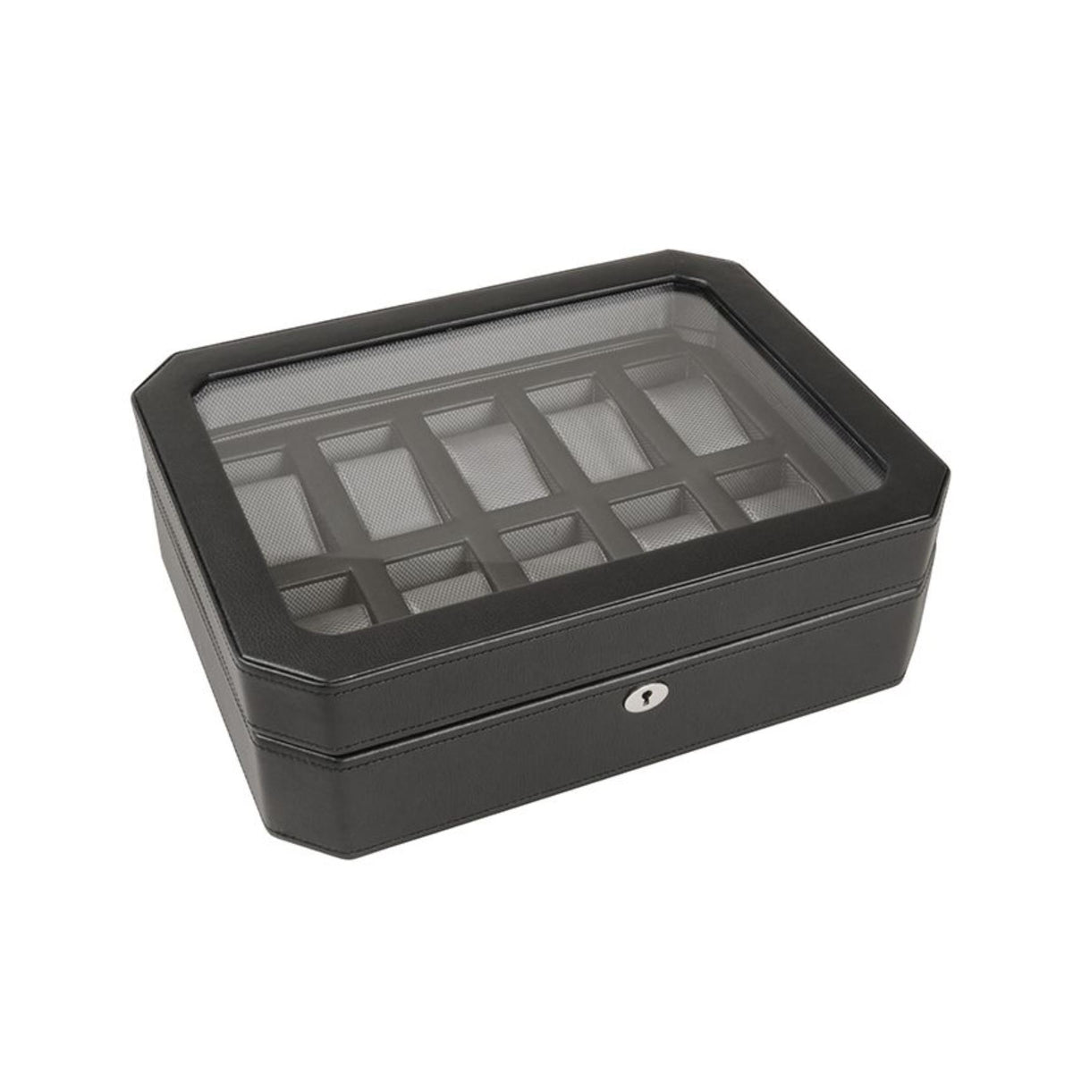 WOLF Windsor watch box with glass-like lid, gray-lined watch slots inside