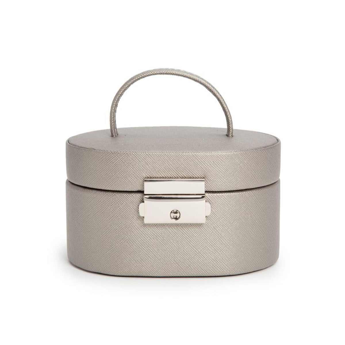 WOLF mini oval tan leather jewelry box with handle and silver front clasp, front view