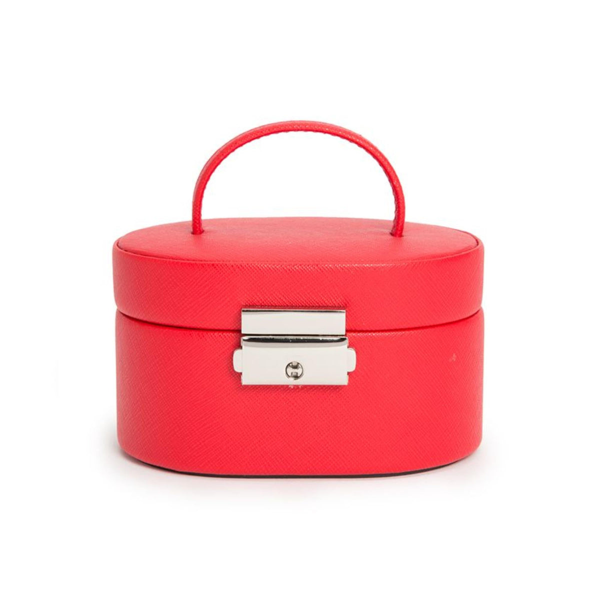 Red mini oval leather jewelry box front view with top handle and silver clasp.