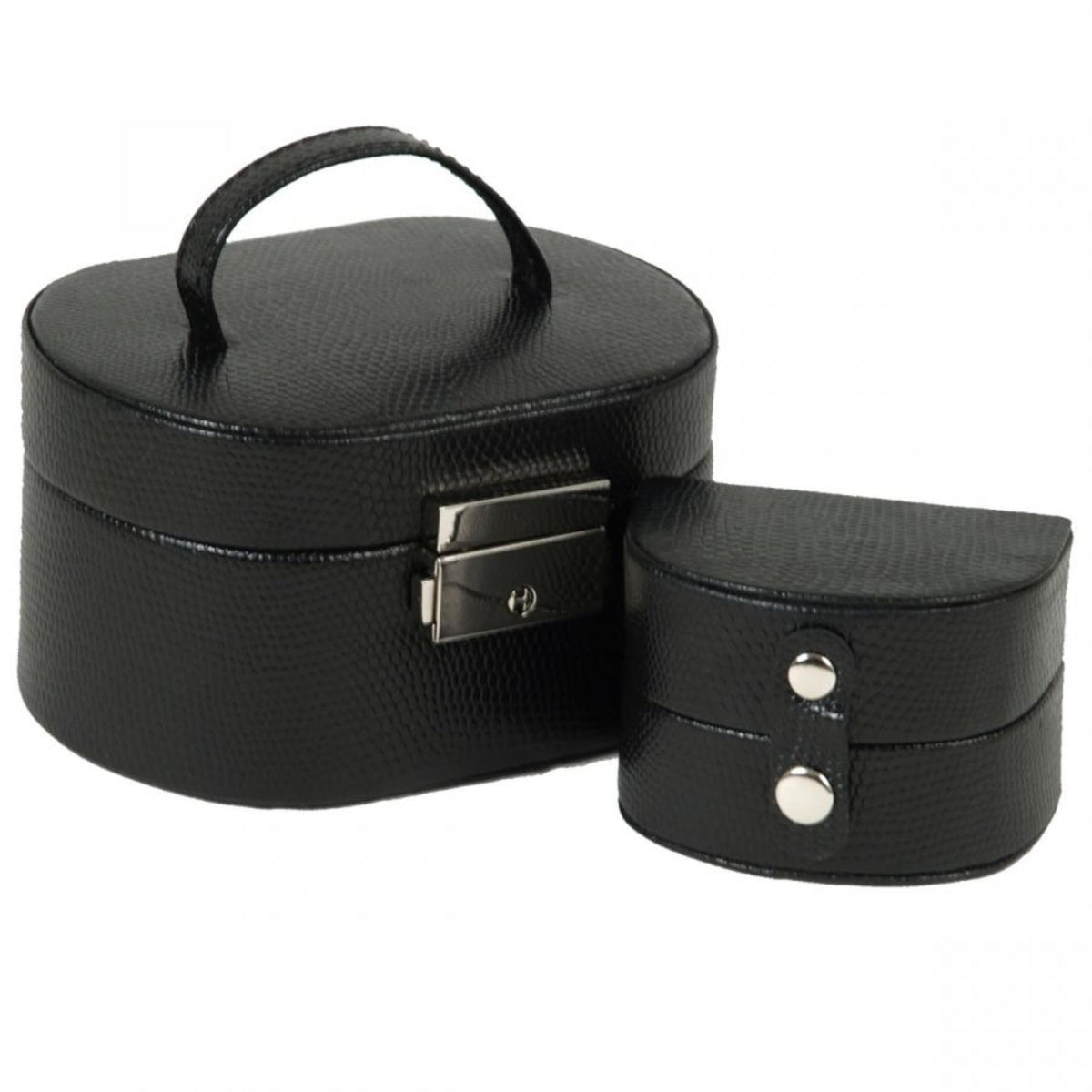 Black textured leather oval box with handle and attached small round compartment