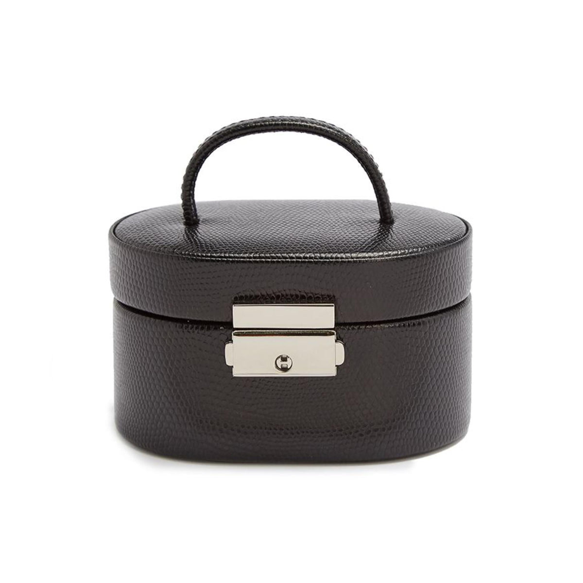 Black textured leather mini oval storage box with top handle and silver-tone front clasp