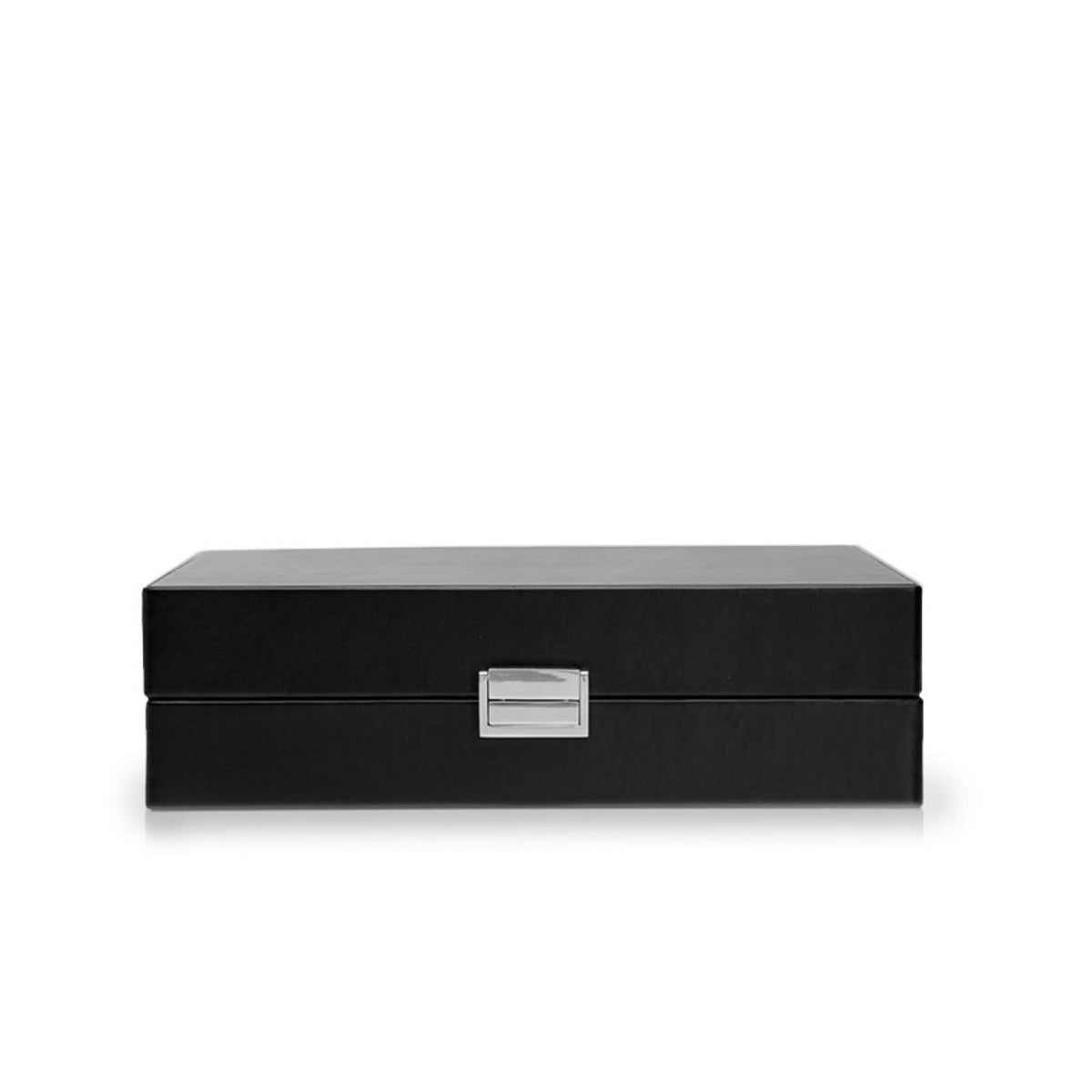 WOLF Heritage watch box with valet, black case and silver center clasp, top view