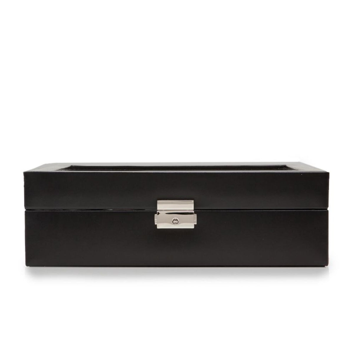 10-piece watch box, black and closed, with central metal latch.