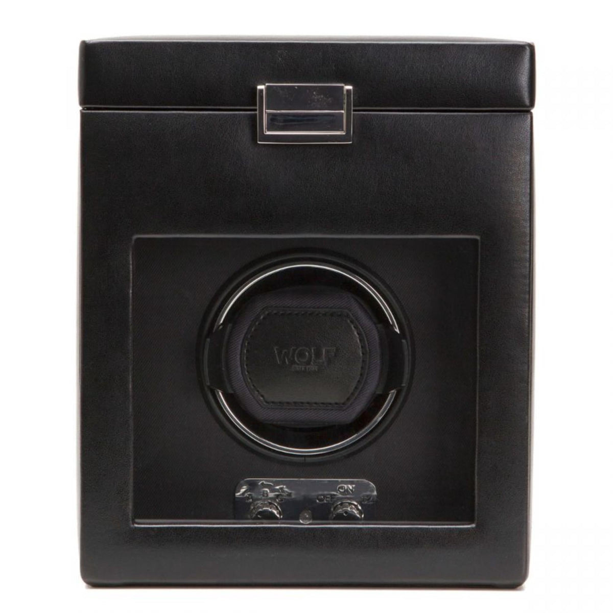 Black single watch winder front view with circular WOLF dial and storage base