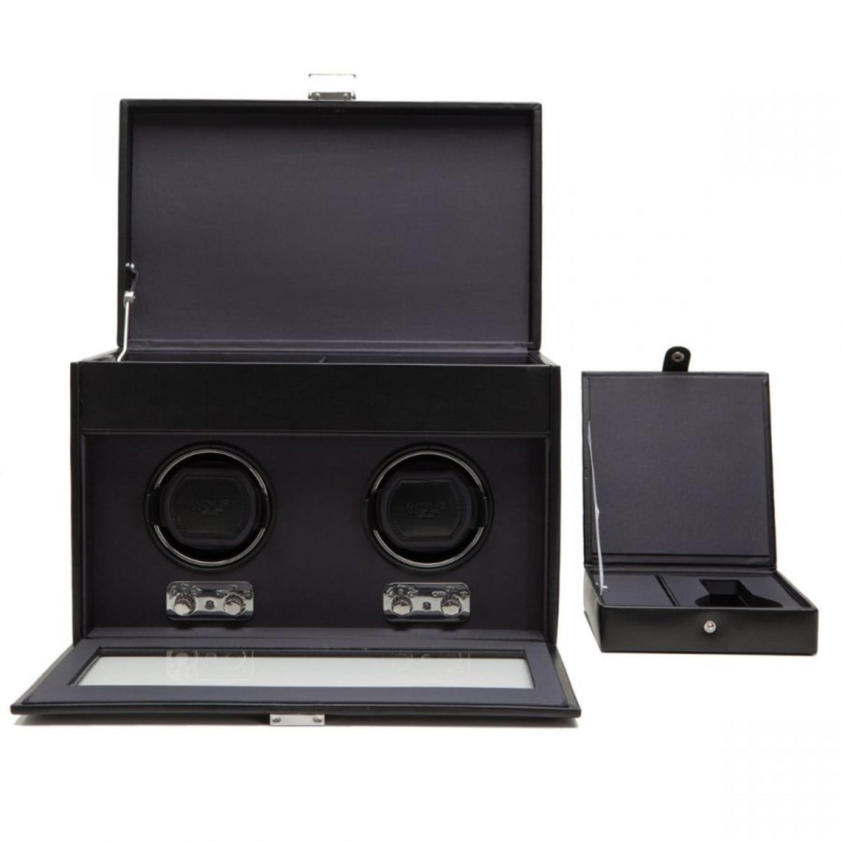 Black leather double watch winder with storage, open top showing two winding pads