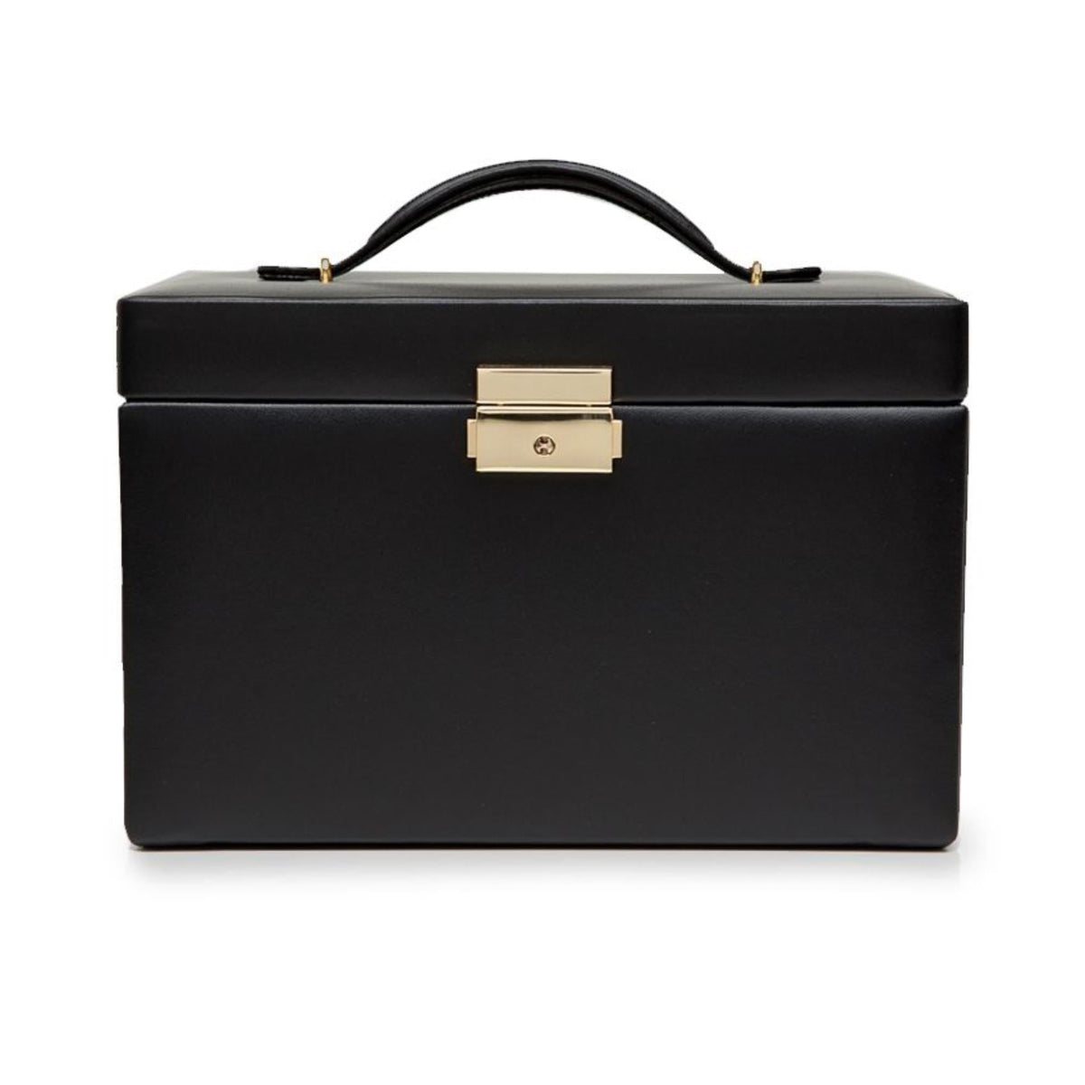 Small black leather jewelry box with gold clasp and arched carrying handle