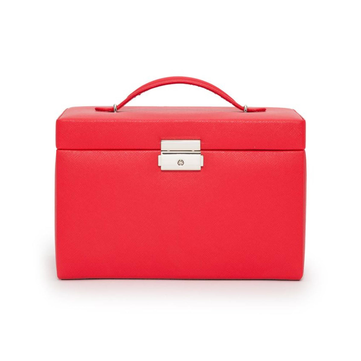 Small red leather jewelry box front view with silver rectangular clasp
