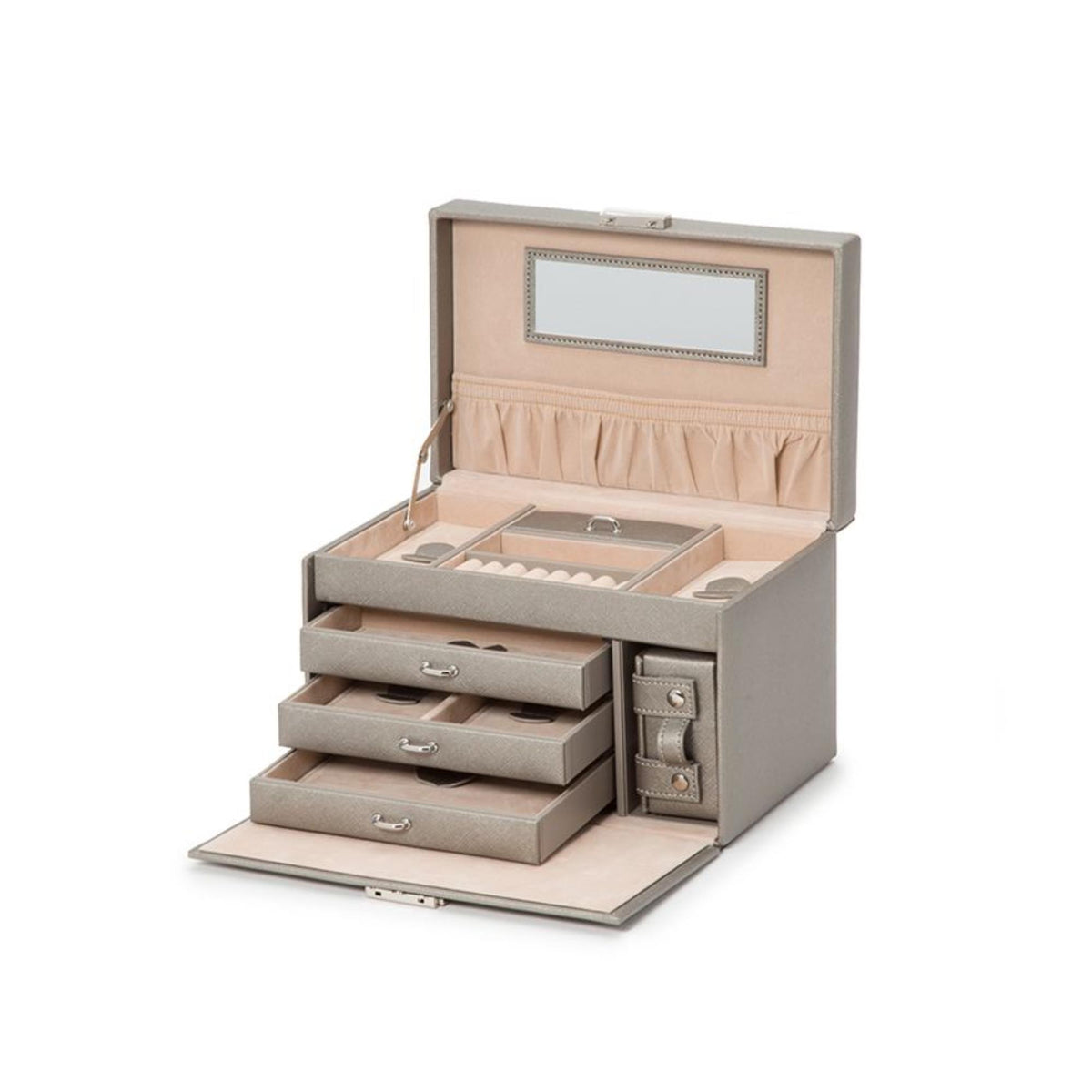 Small jewelry box open showing ring slots and stacked pull-out drawers