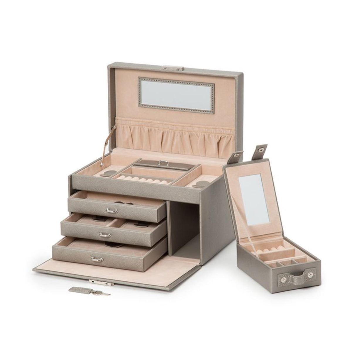 Small leather jewelry box open with compartments, drawers, and hinged mirror lid