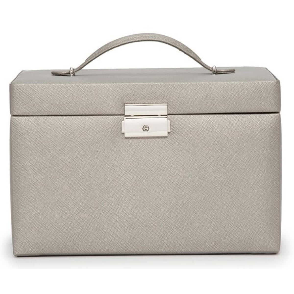 Small jewelry box front view with tan leather-look texture and silver clasp