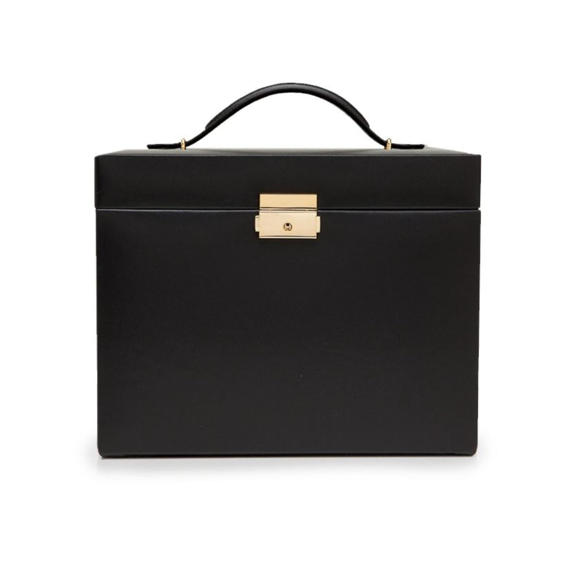 WOLF heritage small jewelry box, black leather finish with gold lock clasp and handle