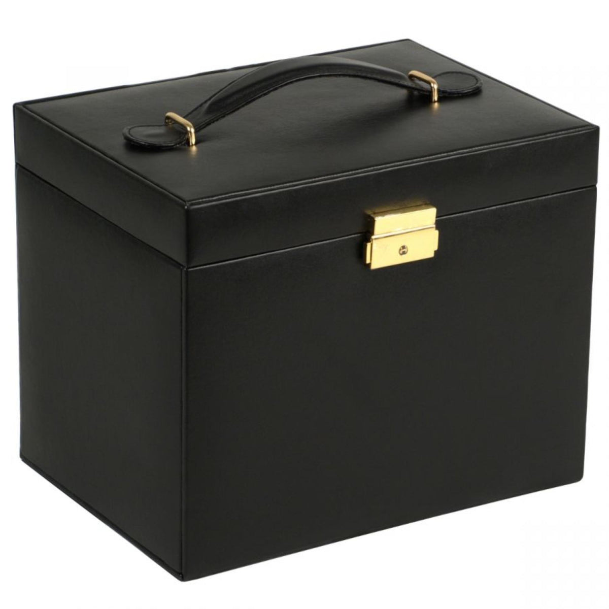 Black leather jewelry box with arched handle on lid and gold latch on front edge