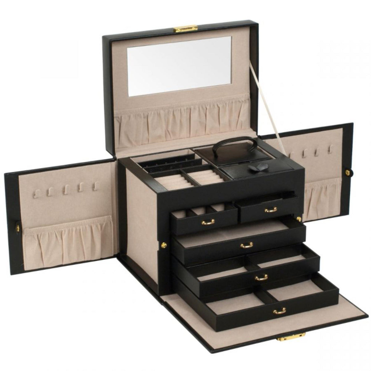 Black leather jewelry box open with beige lining, earring slots, and stepped drawer trays