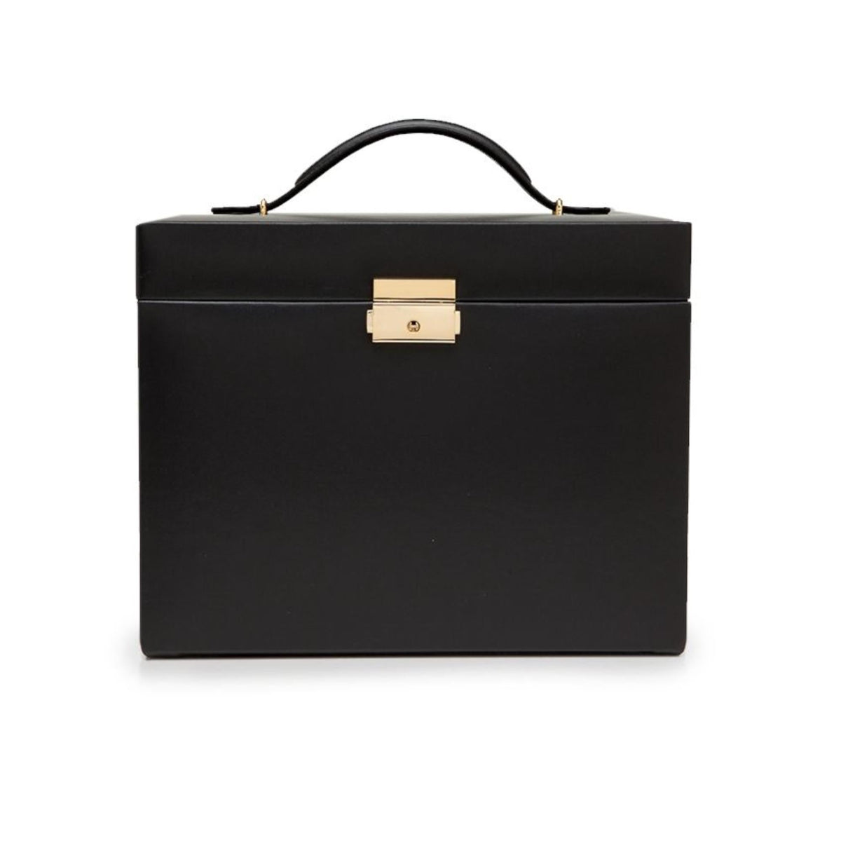 Black leather small jewelry box with top handle arch and centered gold front clasp