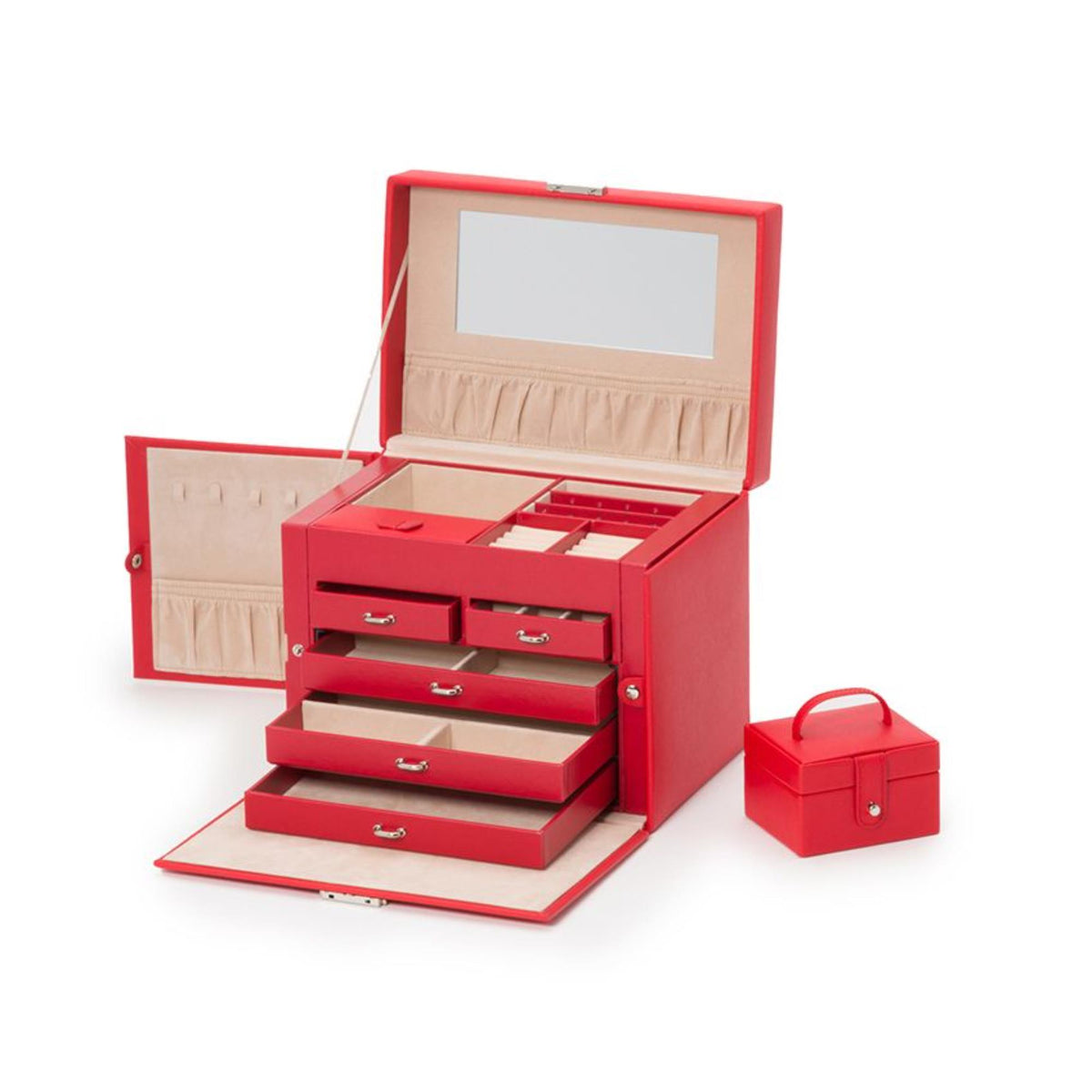 Large red Saffiano leather jewelry box with drawers and fold-open lid