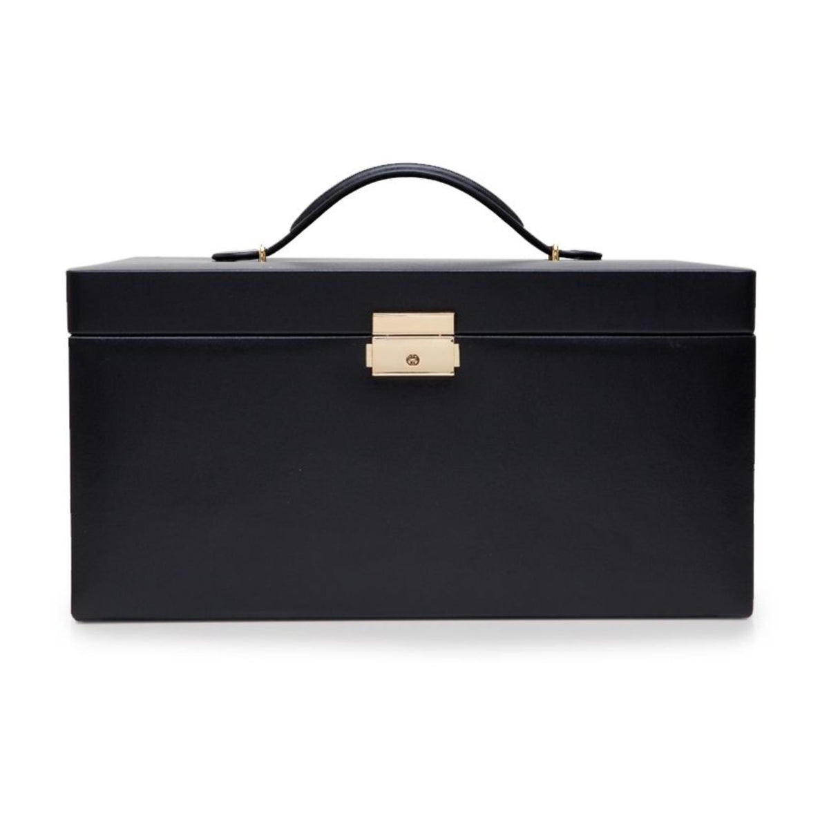 Large black leather jewelry box with curved top handle and gold-tone front lock