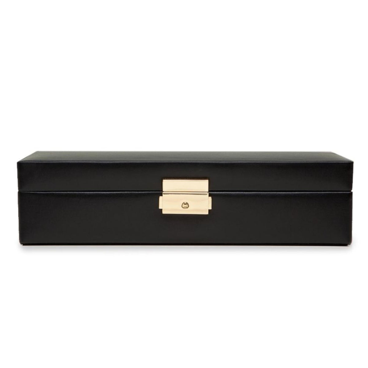 Black leather safe deposit box with gold-tone rectangular latch on lid