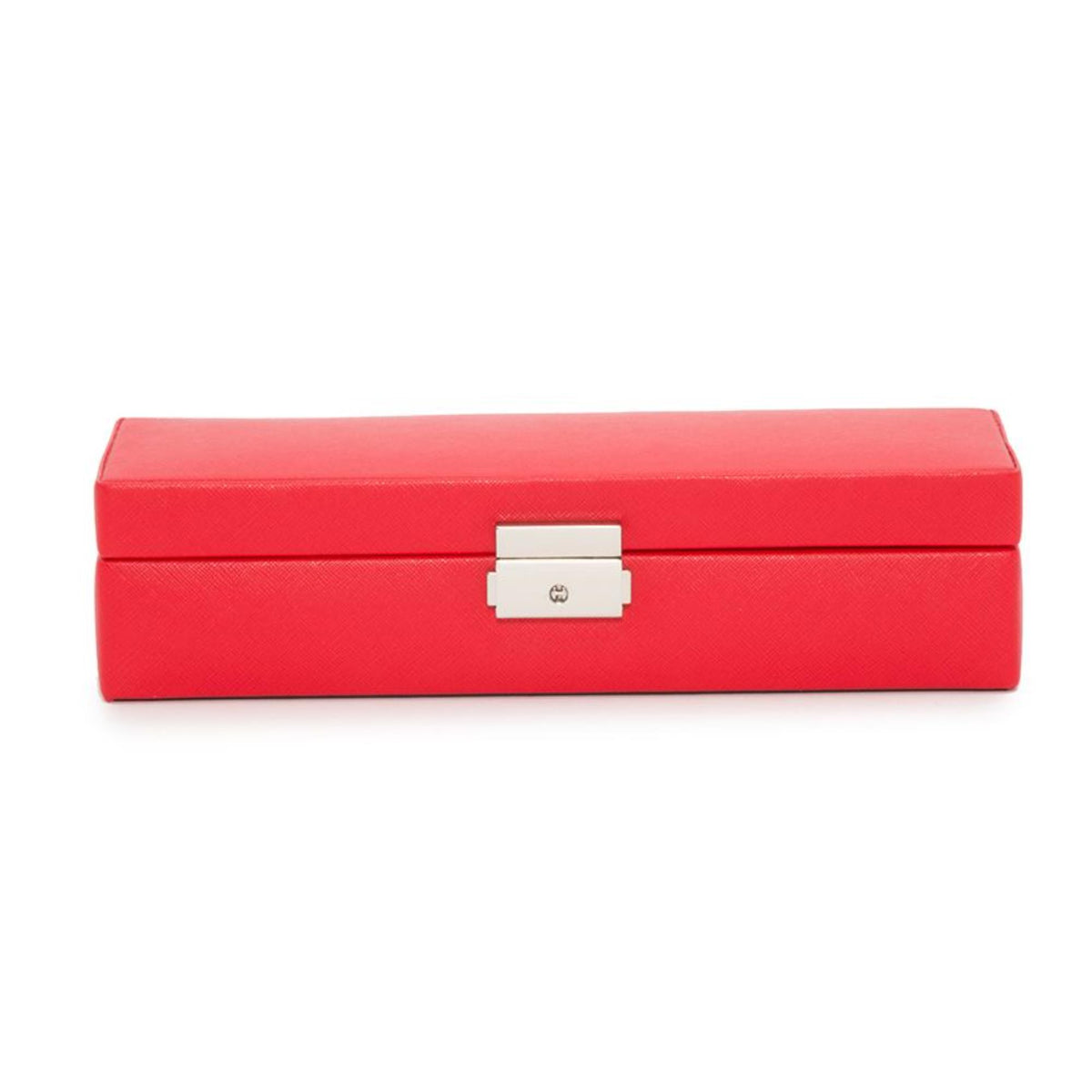 Red leather safe deposit box with centered silver clasp on front, horizontal view