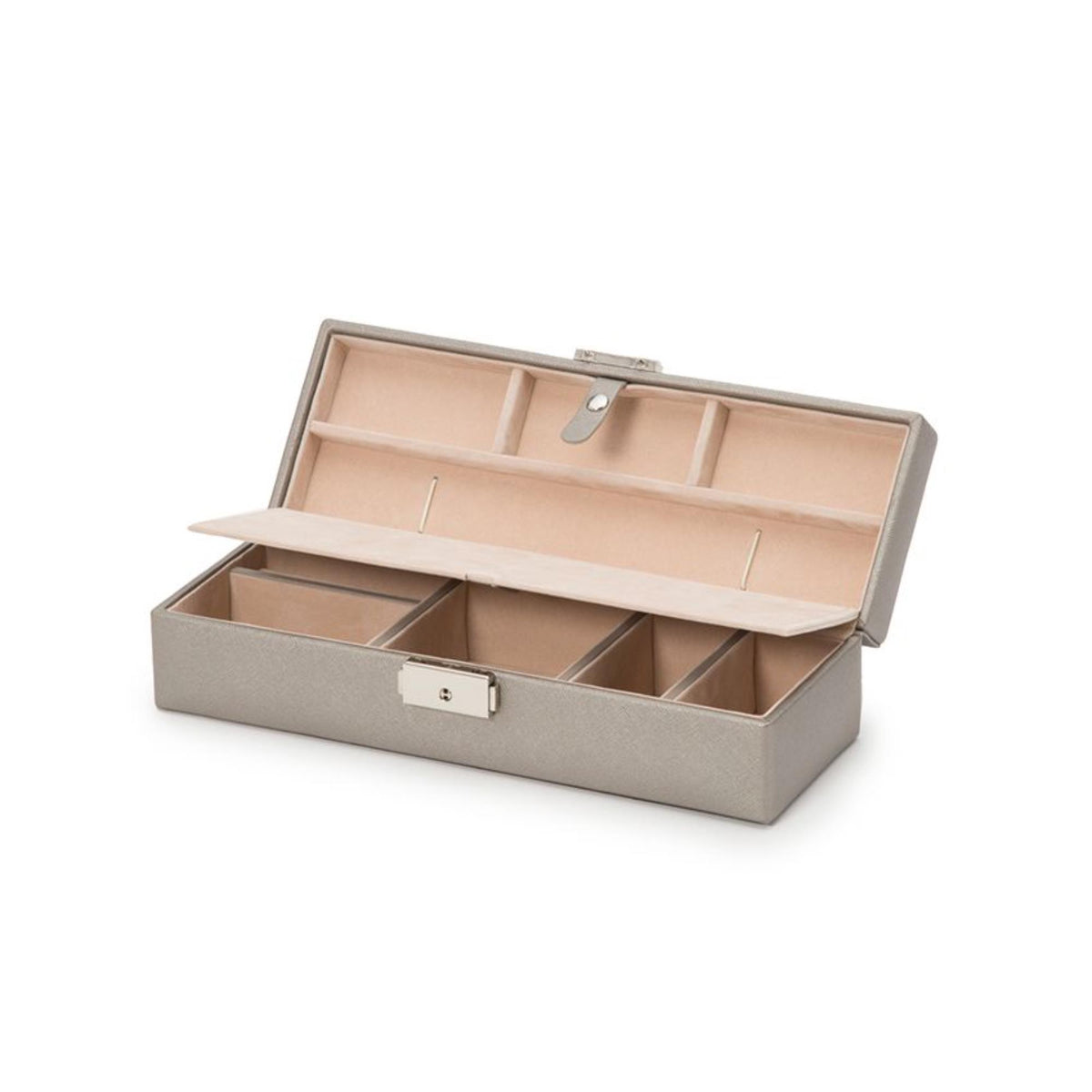 Tan-lined gray leather safe deposit box open showing divider sections