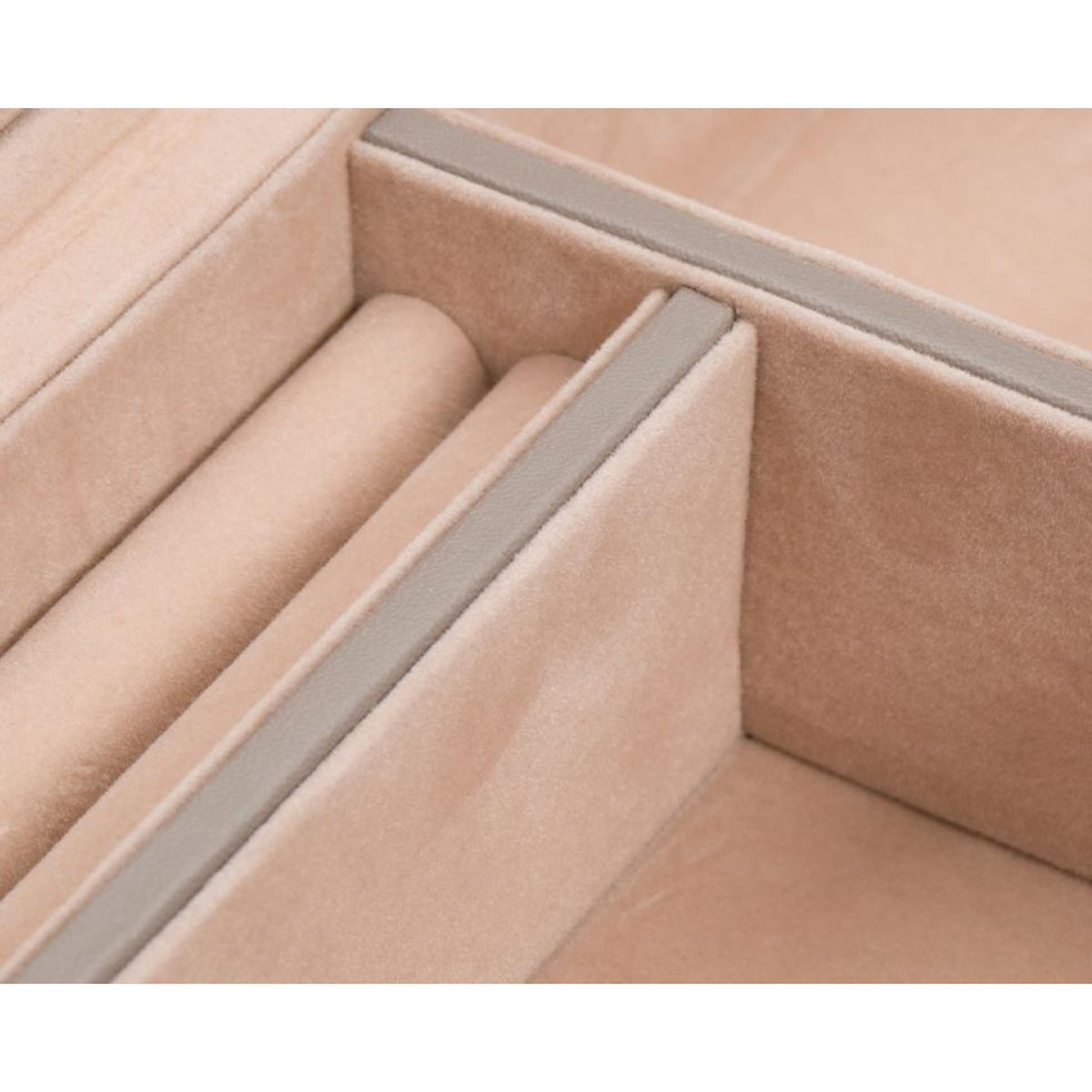 Tan leather safe deposit tray interior with slots and padded dividers