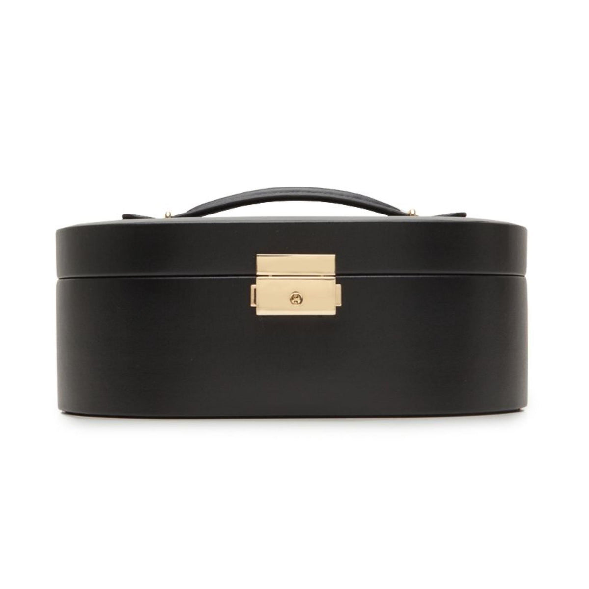 Oval jewelry box in black leather with gold clasp and arched handle.