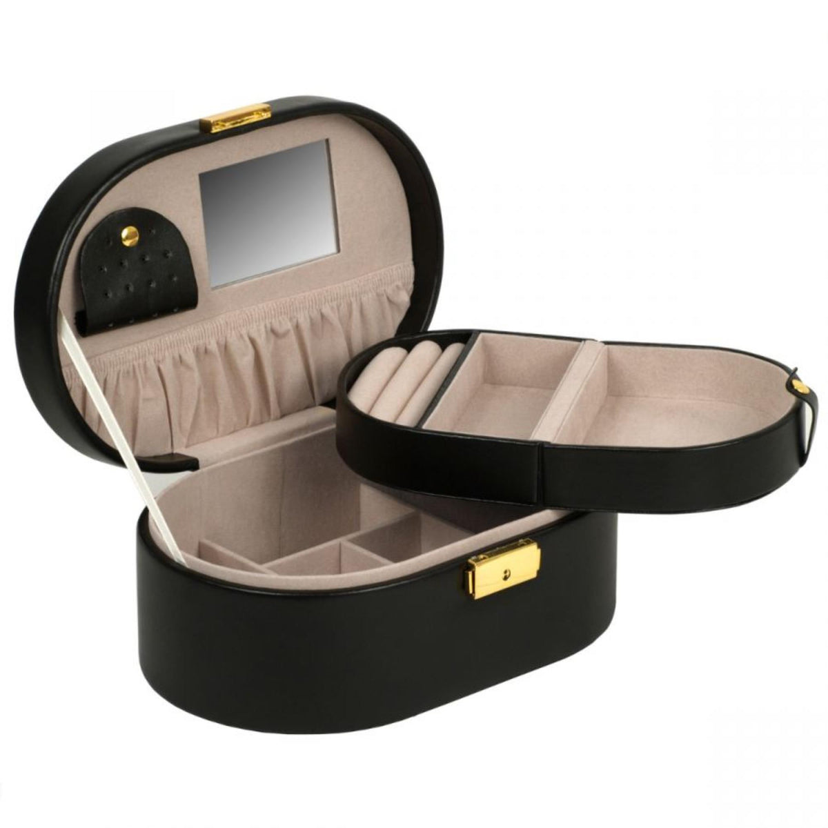 Black oval jewelry box open showing beige organizers, mirror panel, and ring tray.