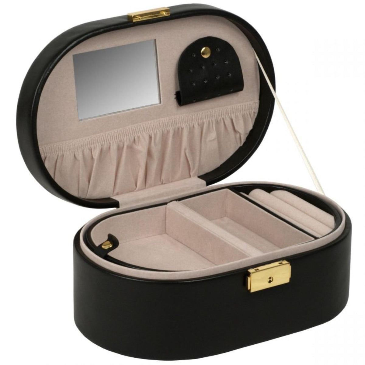 Black leather oval jewelry box with hinged lid, gold clasp, beige padded compartments