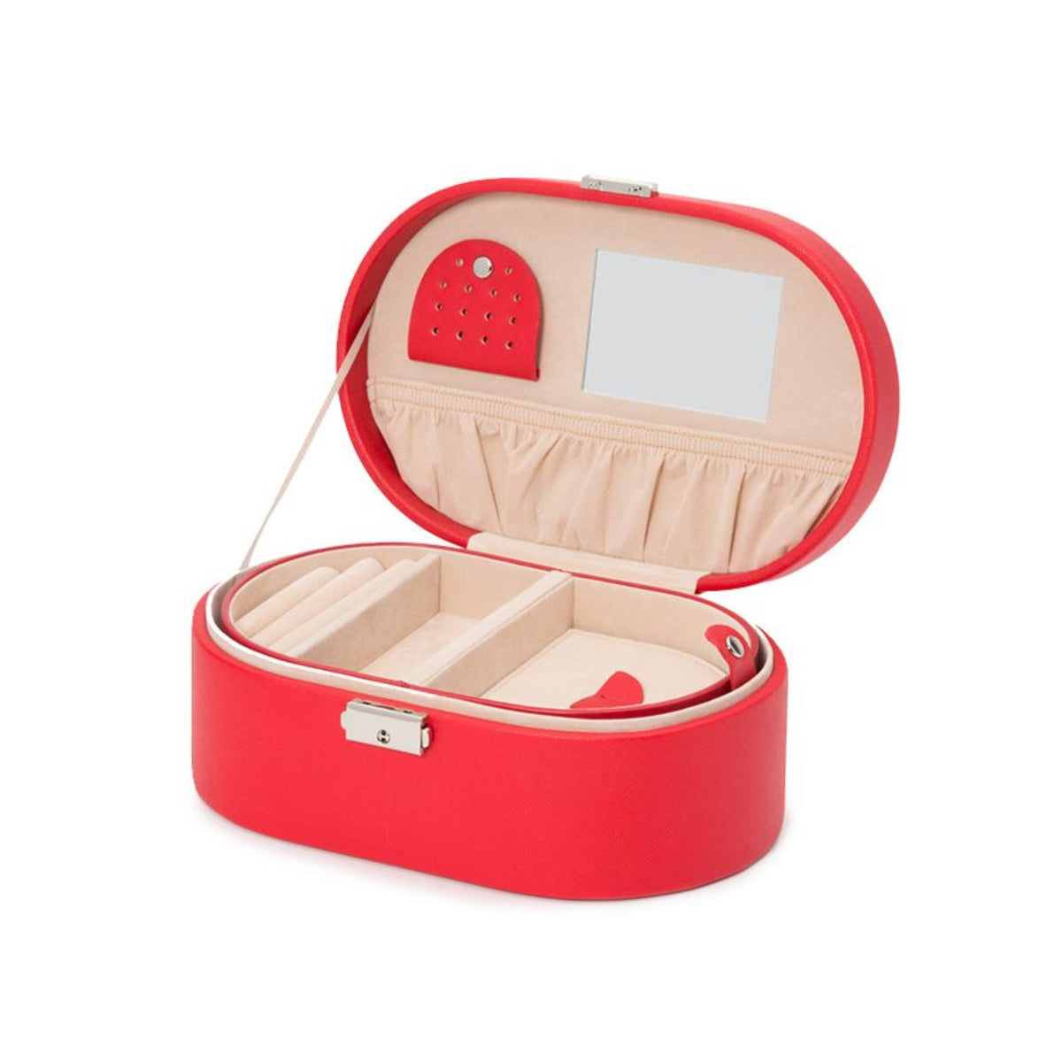 Red oval jewelry box open showing beige compartments and red heart-shaped insert