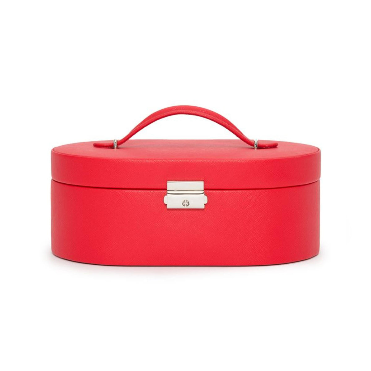 Red oval jewelry box front view with top handle and silver metal latch