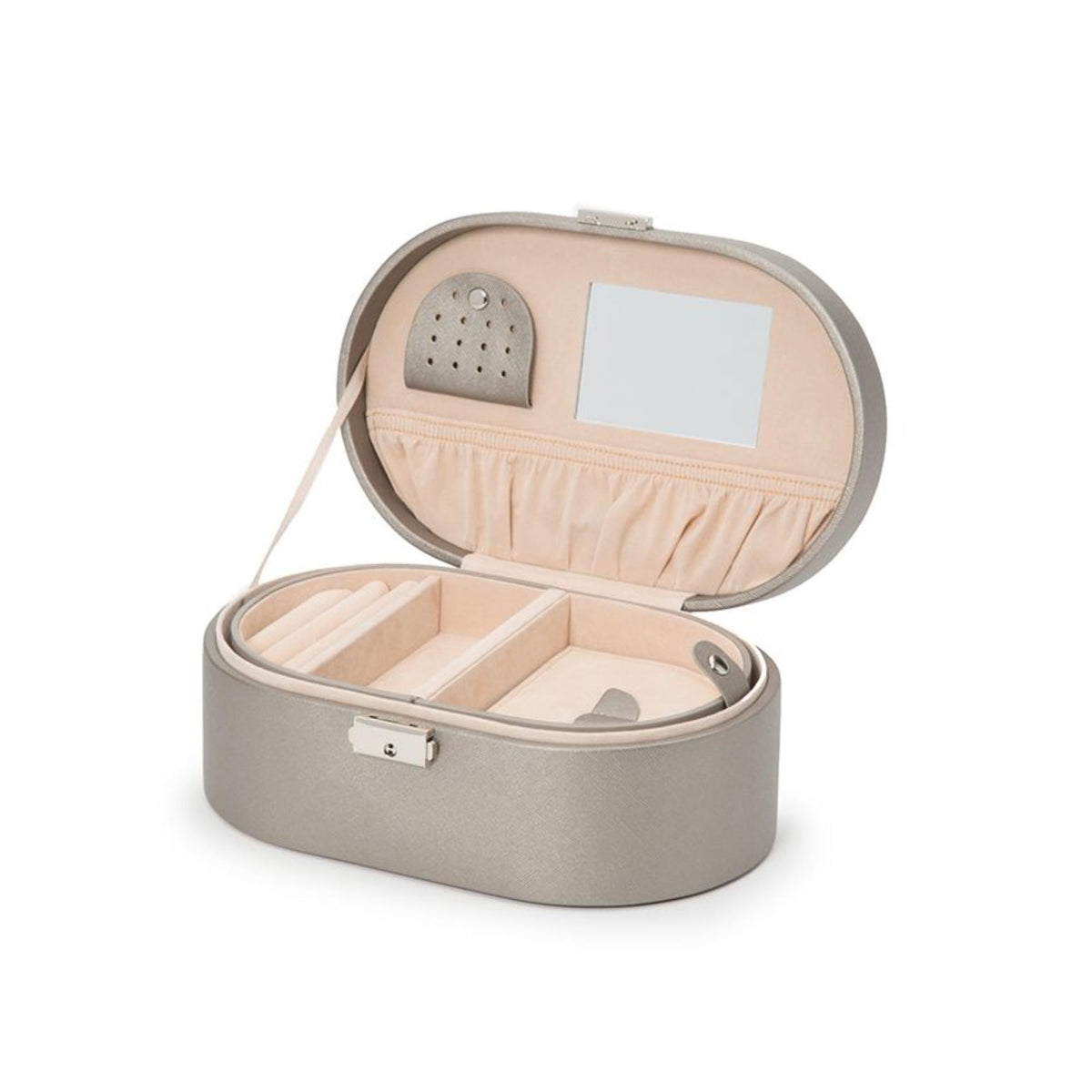 Open taupe oval jewelry box interior with beige trays and ring/ear insert areas.
