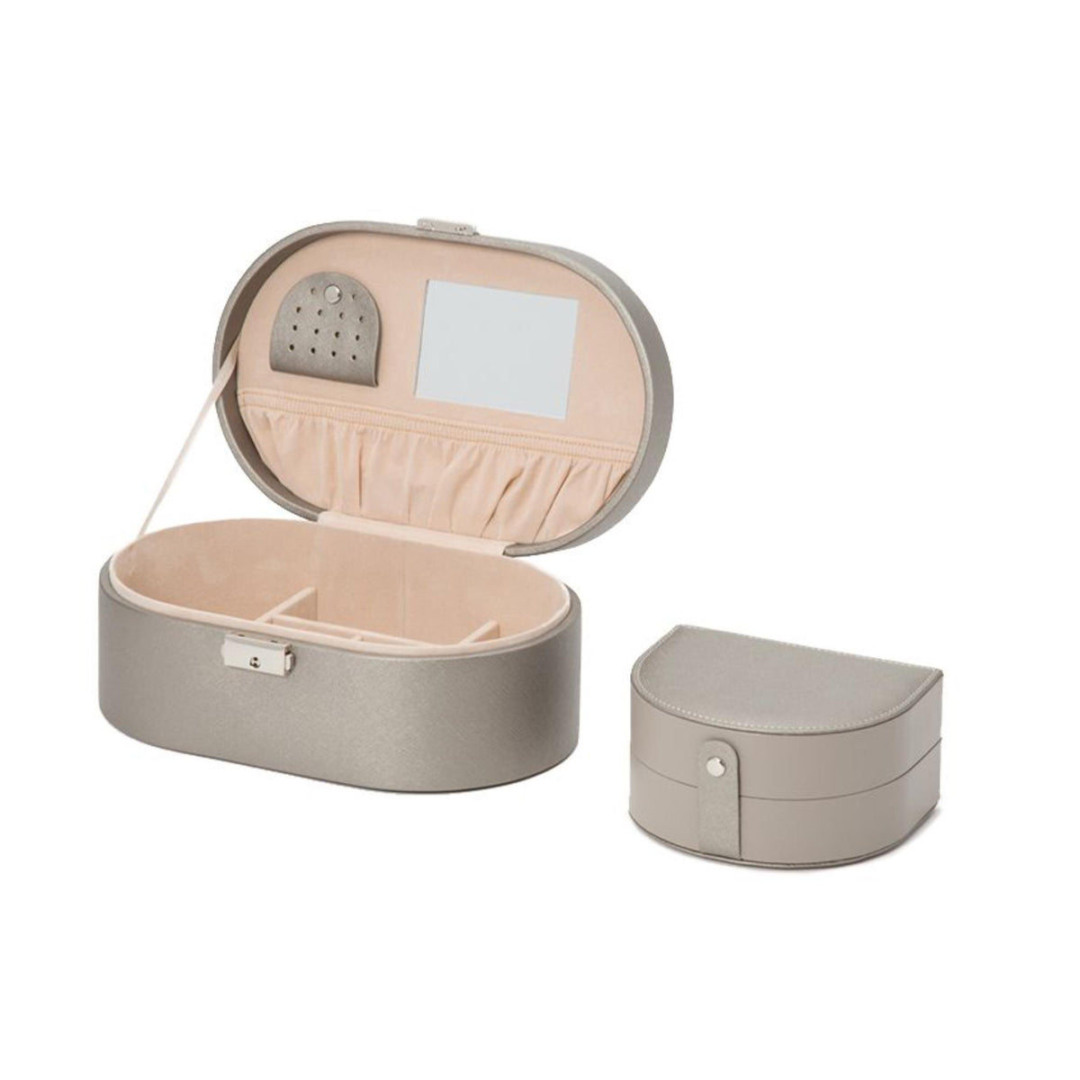 WOLF oval jewelry box with hinged lid, tan lining; includes small round case