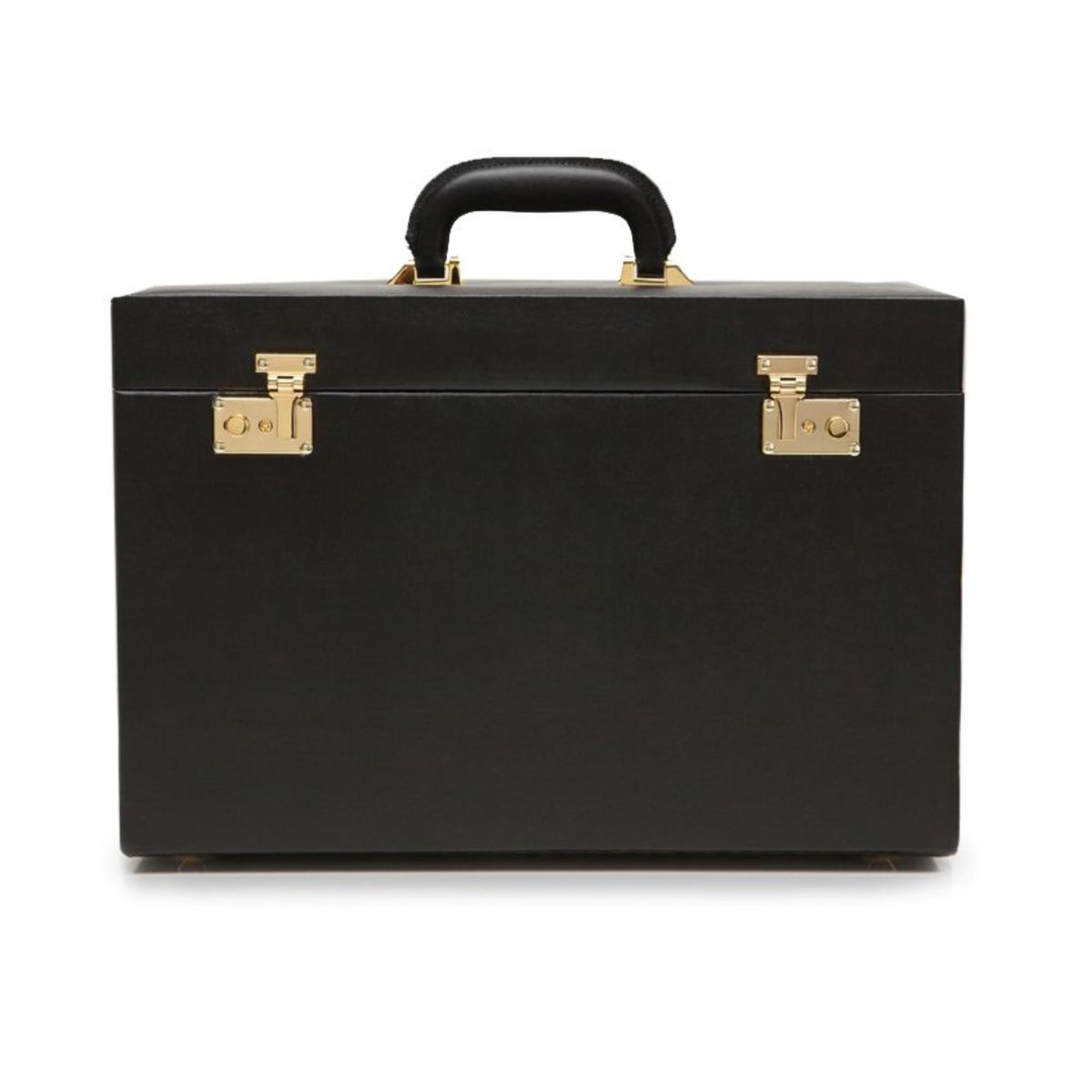 Black leather jewelry armoire with gold-tone handle and side latches, closed