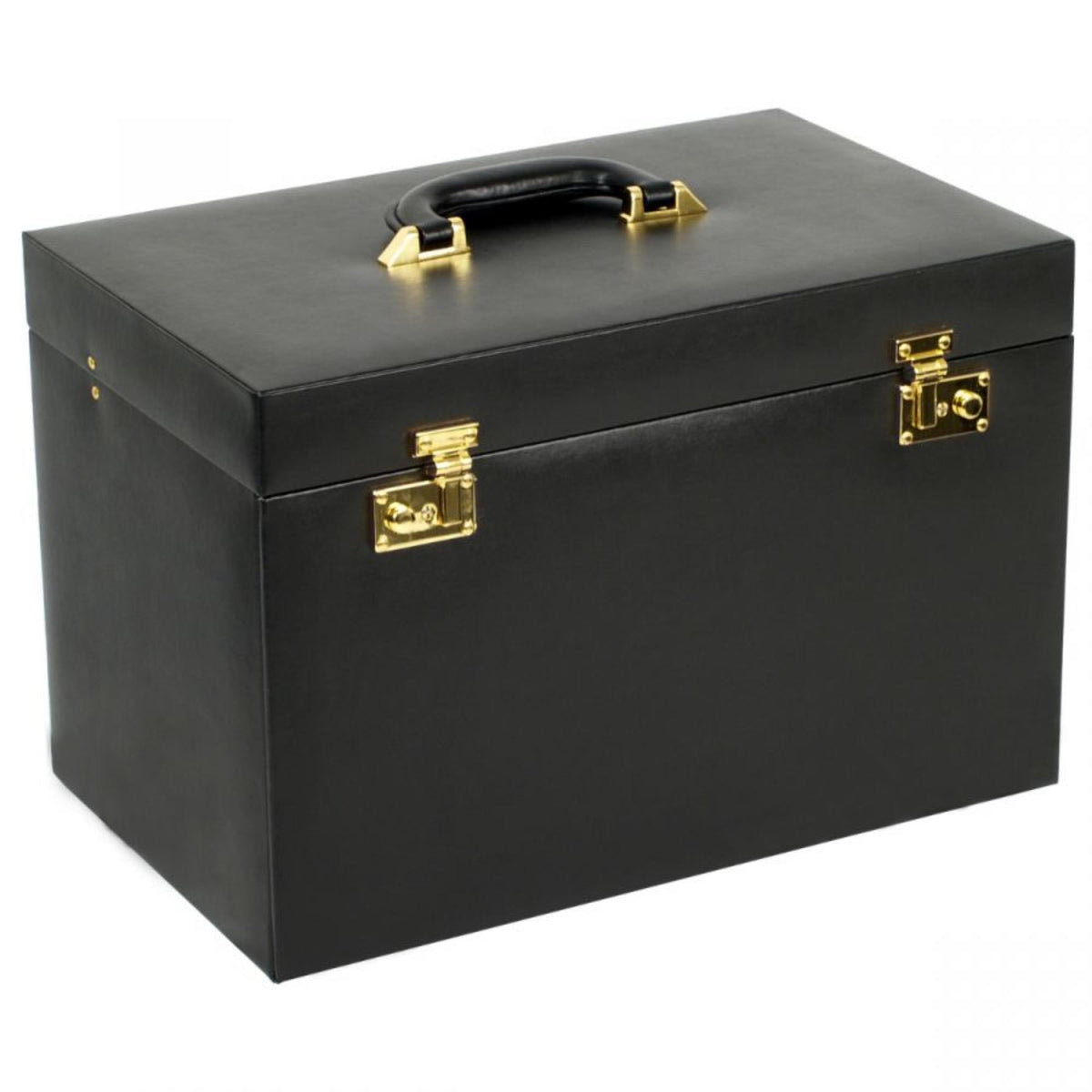 Black leather jewelry armoire side view with gold-tone hardware and top handle, closed