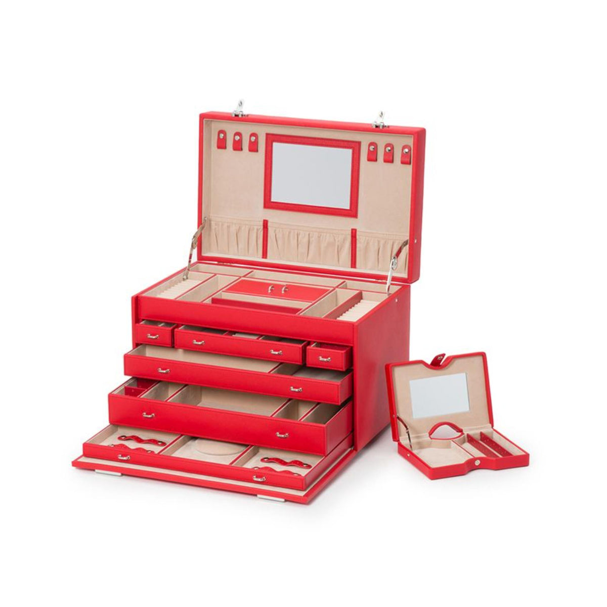 Red jewelry armoire open with tiered trays, ring slots, and mirrored lid