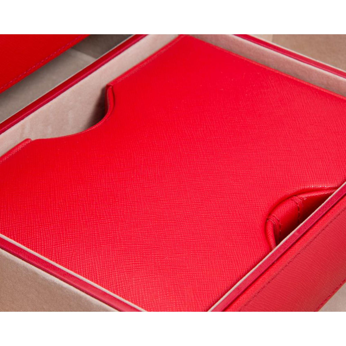 Red jewelry armoire padded base tray with textured saffiano surface