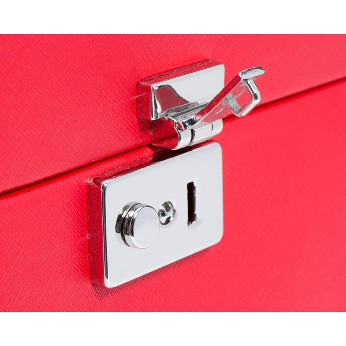 Chrome metal lock and hinge on red saffiano leather jewelry armoire