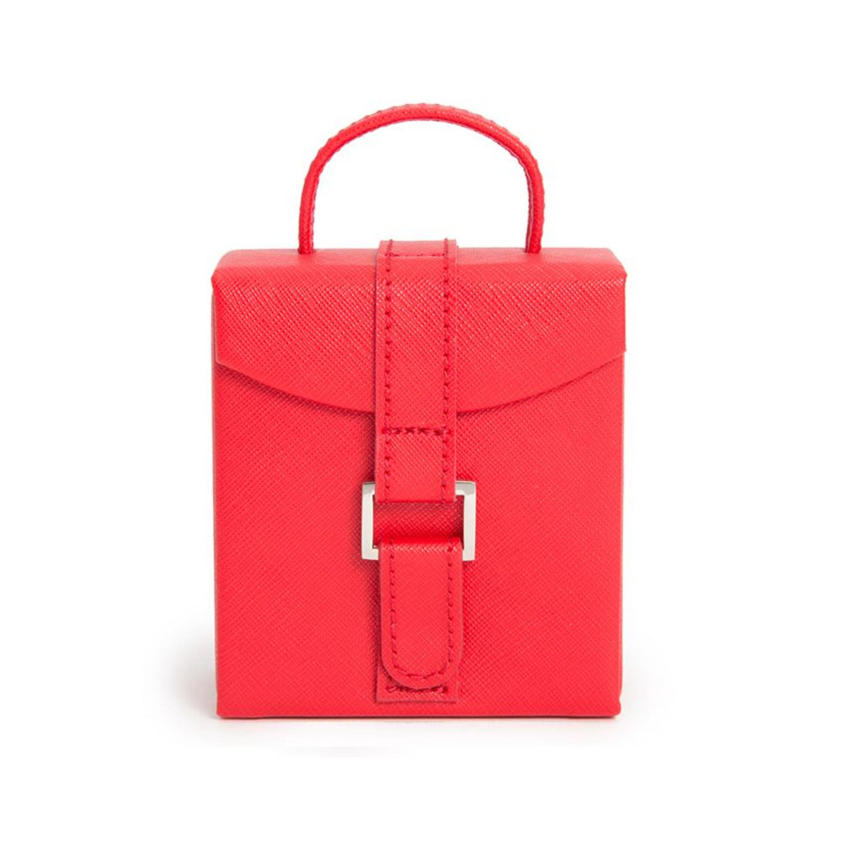 Red saffiano leather fold-out jewelry box front view with handle and clasp