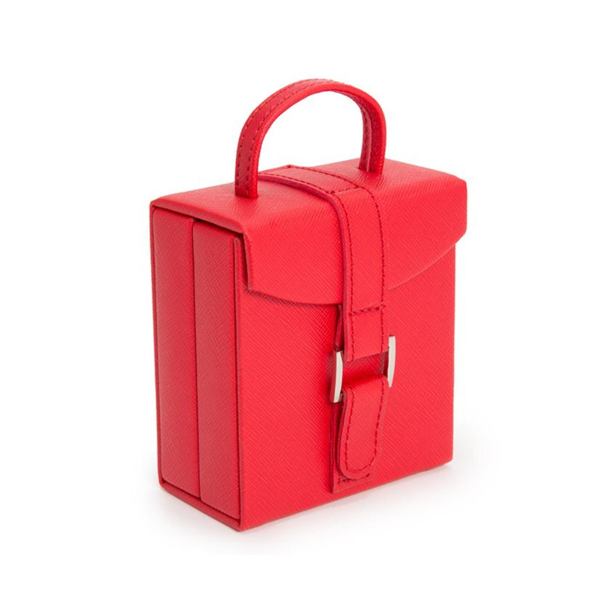 Red saffiano leather fold-out jewelry box, angled view with handle and clasp