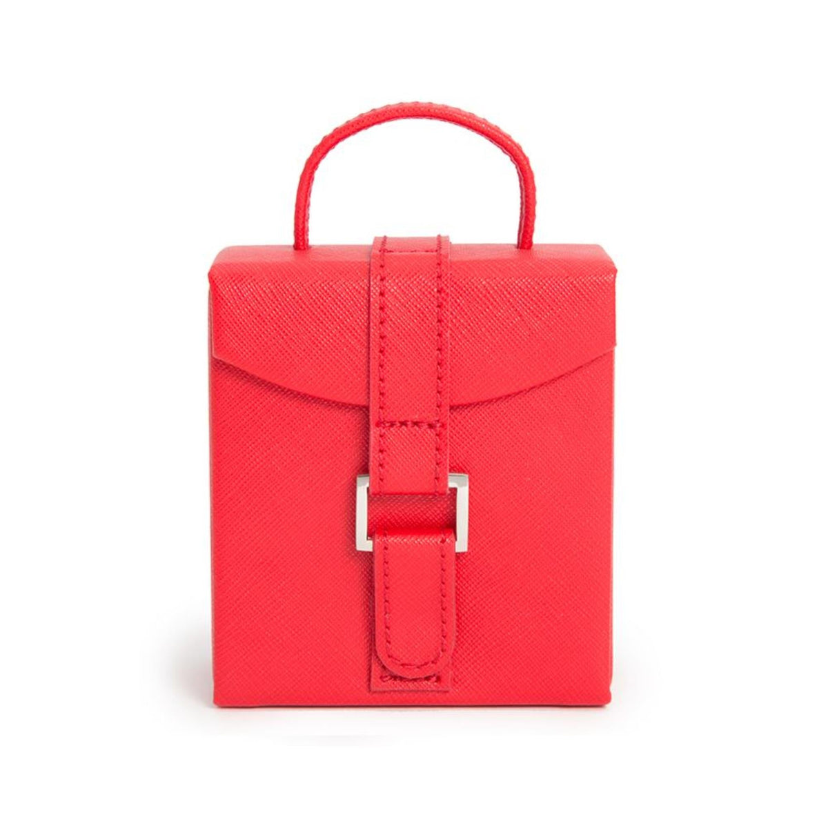 Red saffiano leather fold-out jewelry box front view with handle and lock clasp