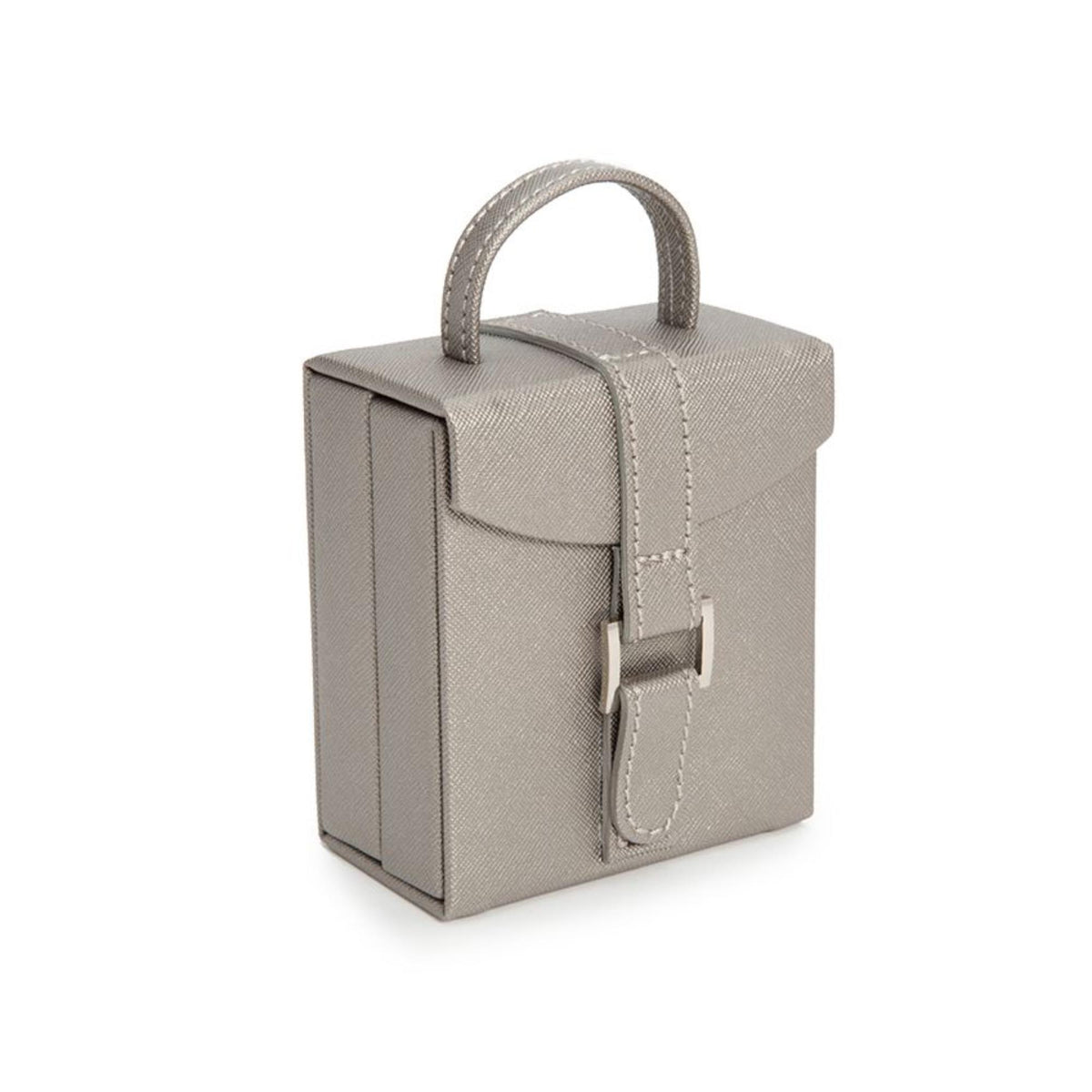 Fold-out jewelry box closed side profile with top handle and buckle clasp, tan leather-look