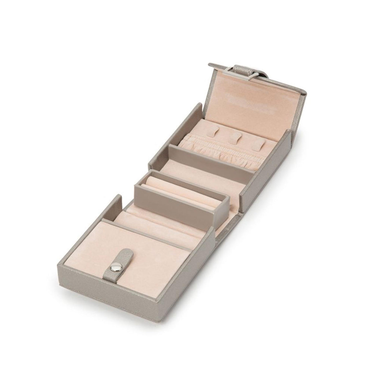 Tan leather fold-out jewelry box with flip-open compartments and ring holder