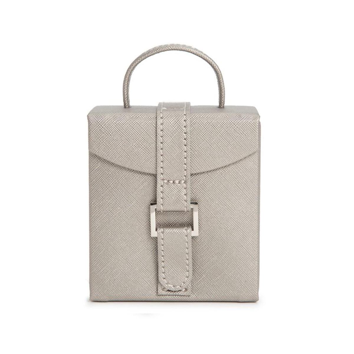 Fold-out jewelry box closed with carry handle and front latch hardware, tan leather-look
