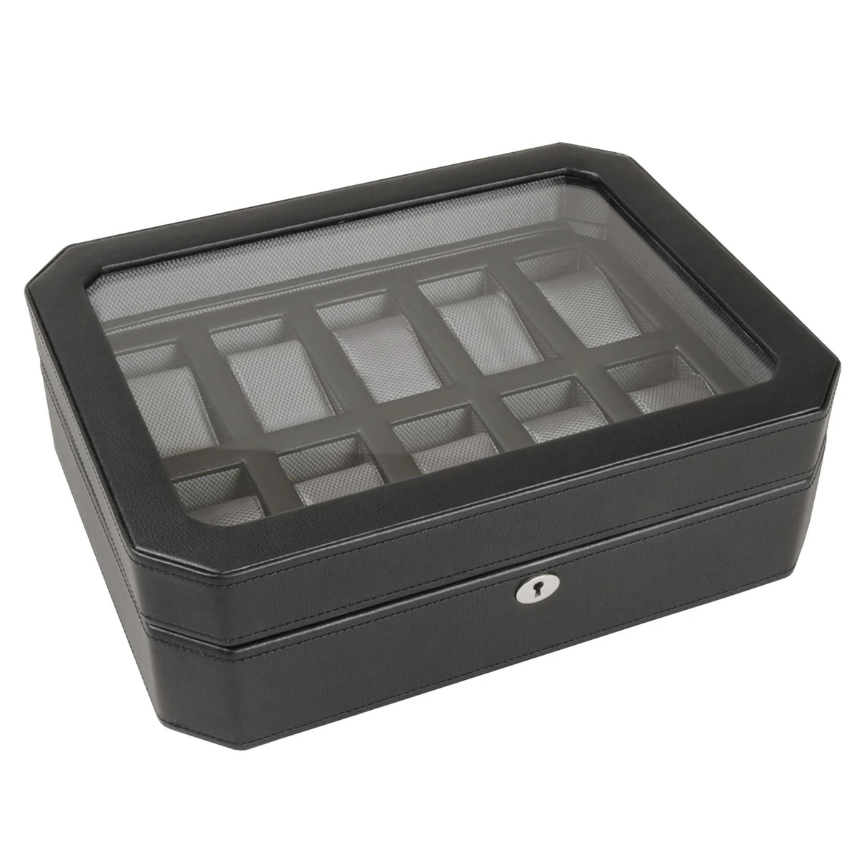 Black watch display box with 10 cushioned positions under a clear window