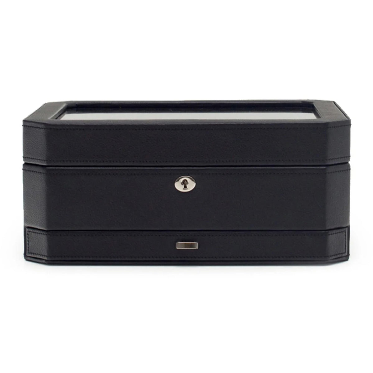 Black 10-watch display box, closed lid with silver-tone latch detail