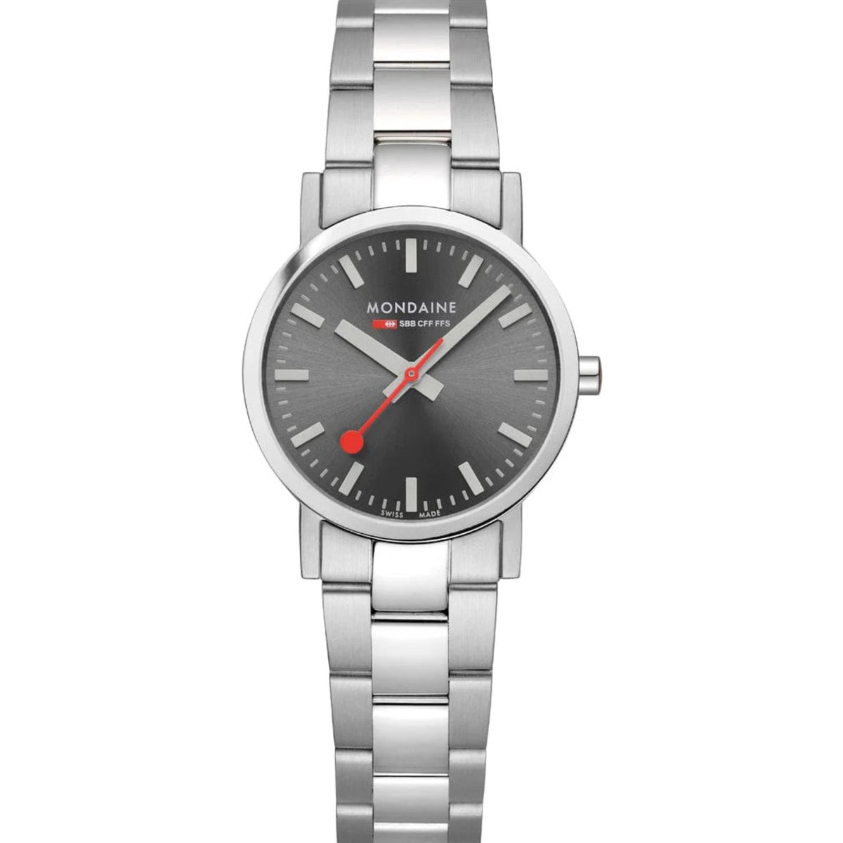 Ladies stainless steel bracelet watch with grey dial and red second hand.