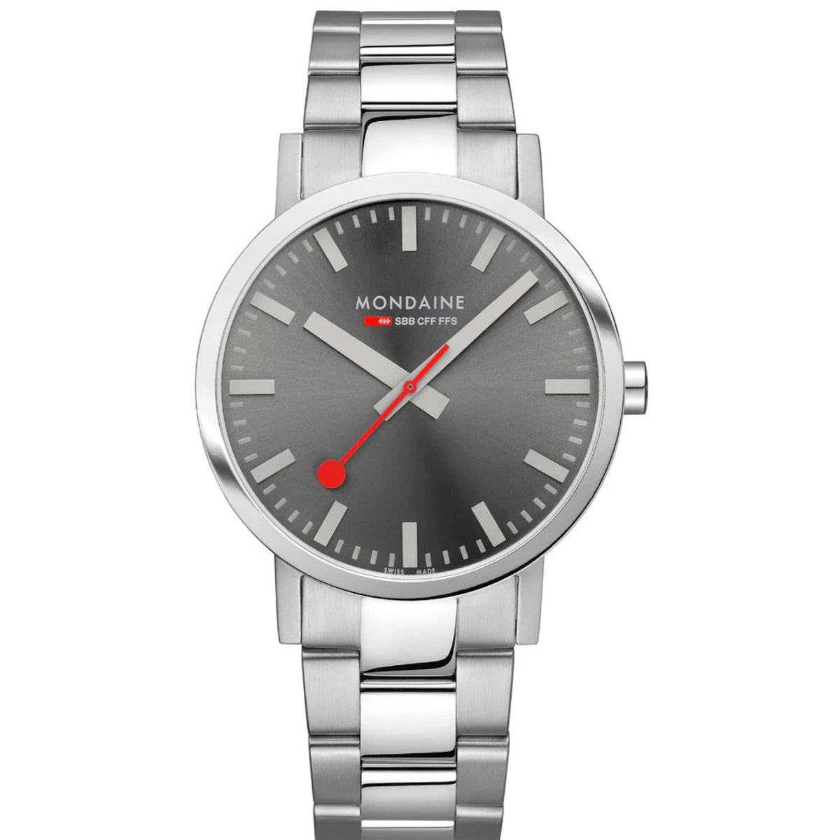 Front view of Mondaine Classic Grey Dial Steel Mens Quartz Watch A660.30360.81SBJ 