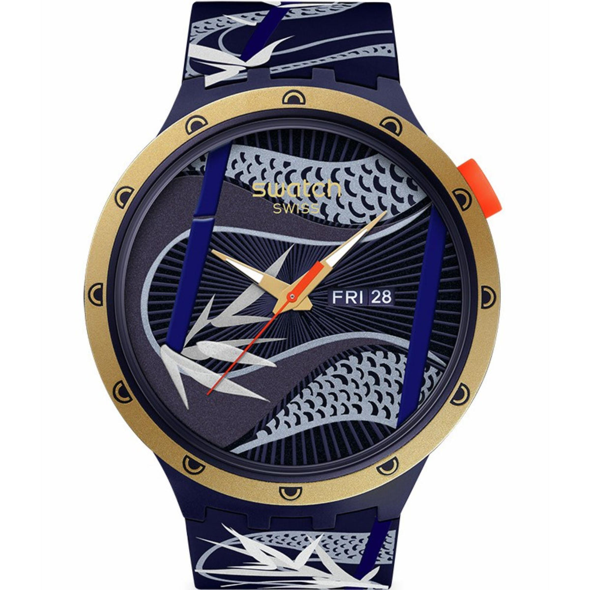 Blue silicone strap men's watch with gold bezel, patterned dial and day/date display