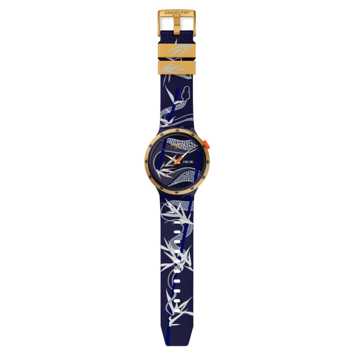 Front view men's blue silicone strap watch with gold bezel, patterned dial and orange crown