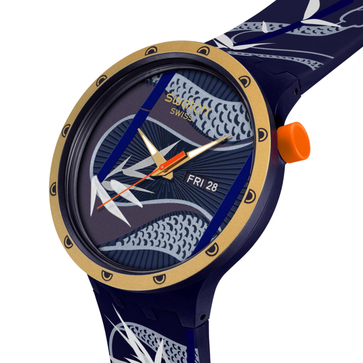 Men's blue silicone strap watch with gold bezel, patterned blue dial, three hands