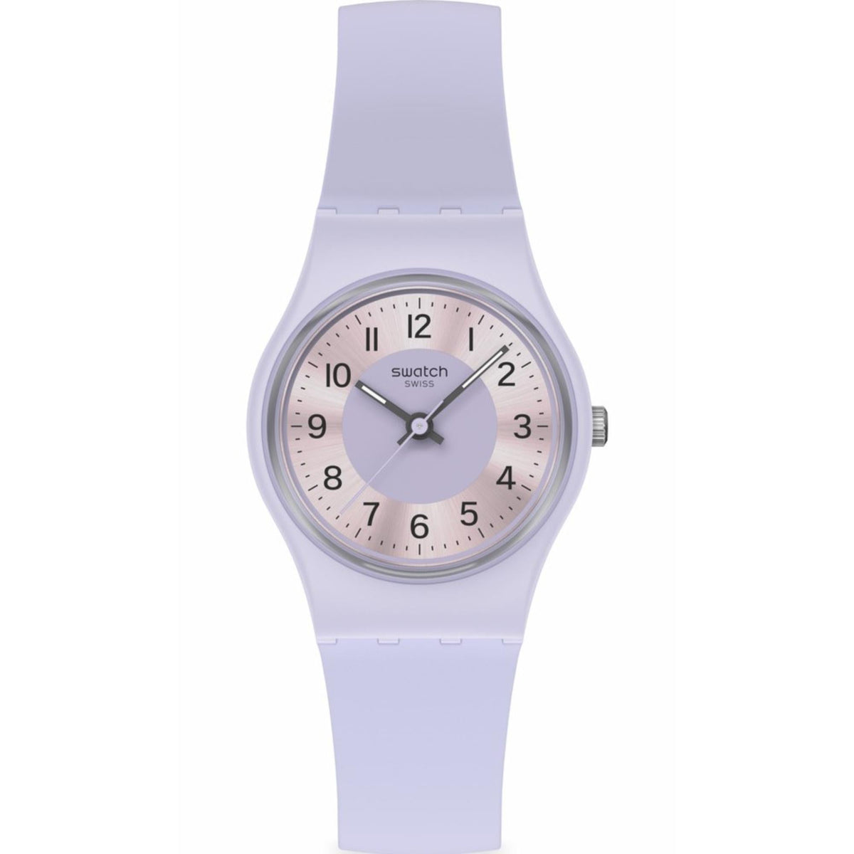 Lilac silicone strap watch with round pale dial, black minute markers